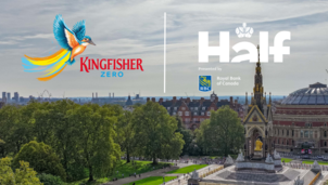 Image of Albert Memorial in Kensington Gardens with runners and the Kingfisher Zero logo and the Royal Parks Half logo at the top of the image